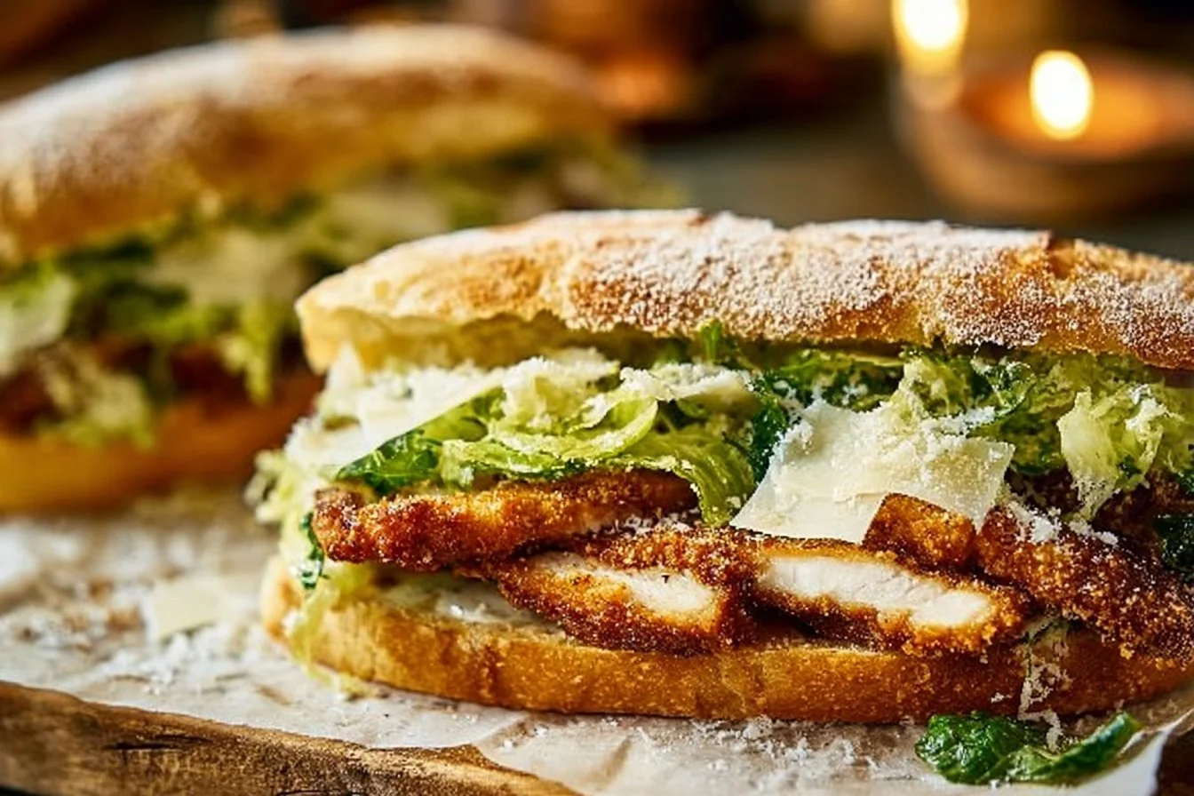 Chicken Caesar Sandwiches feature well-seasoned, crispy chicken, Caesar salad, and Parmesan cheese layered on soft bread.