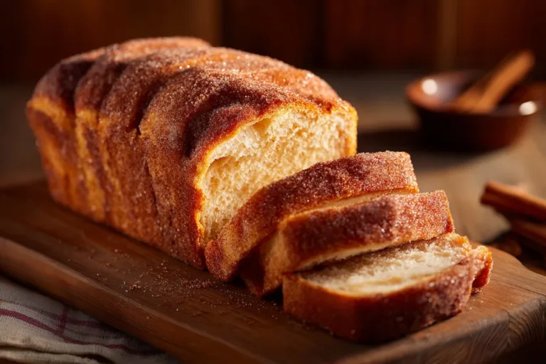Warm cinnamon sugar donut bread sliced on a wooden table