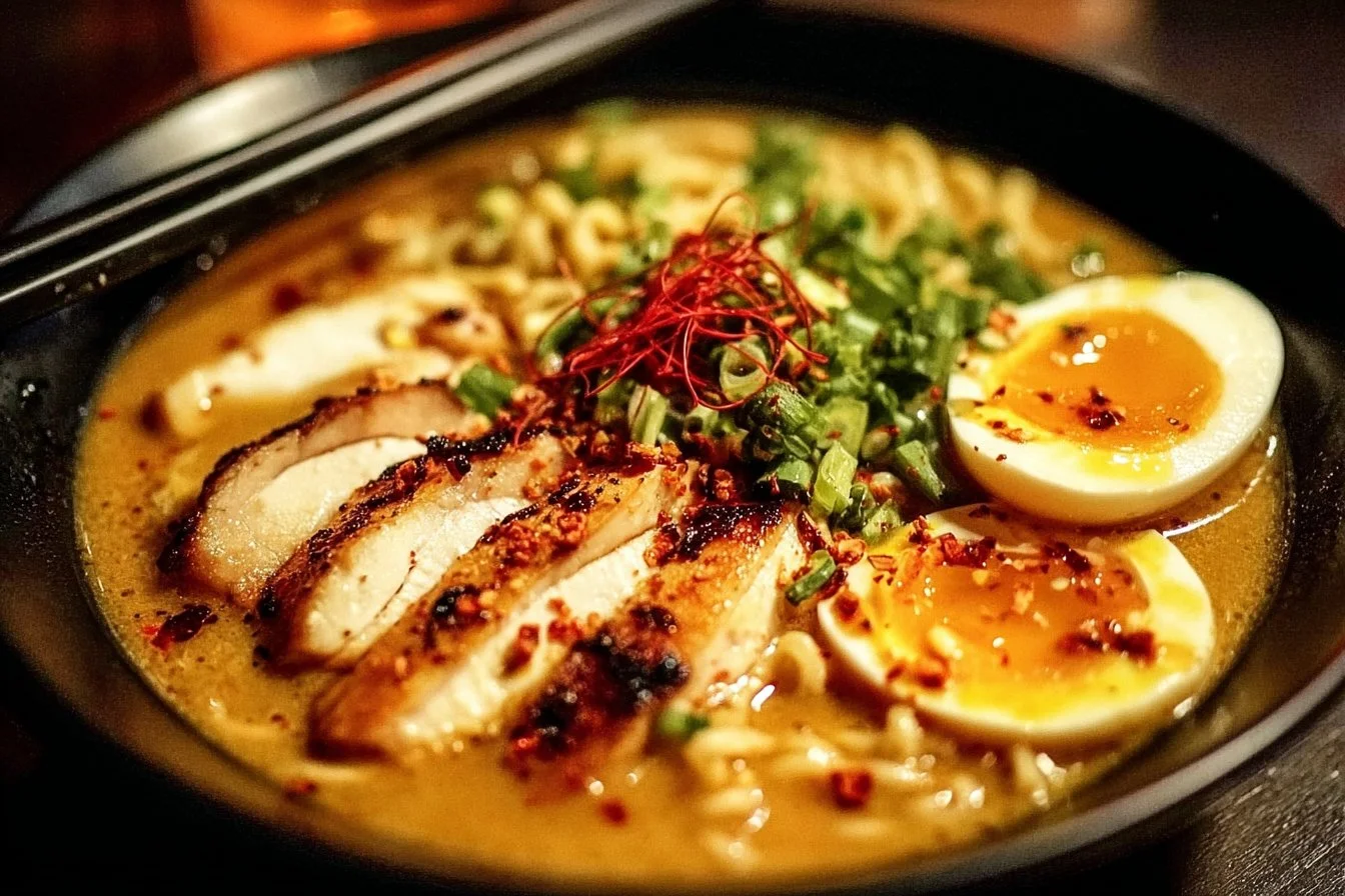 Delicious bowl of creamy garlic chicken ramen with garnishes and noodles
