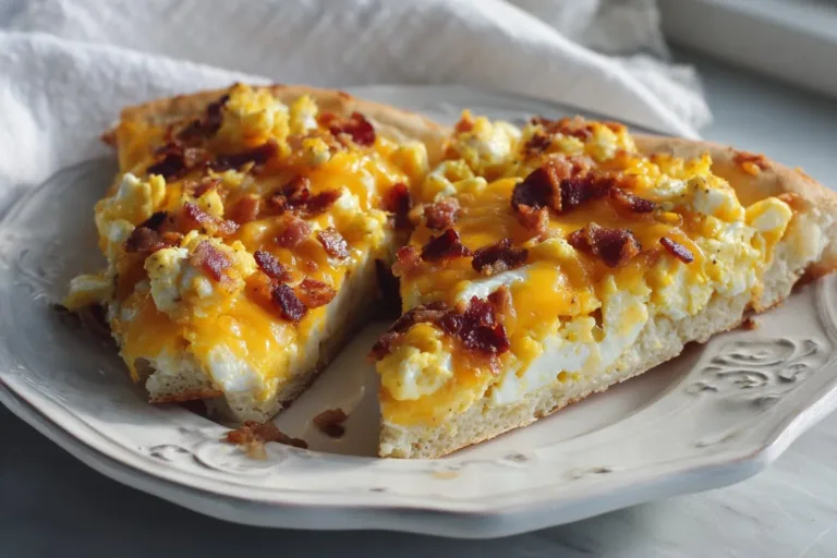 Easy breakfast pizza topped with eggs, cheese, and fresh vegetables