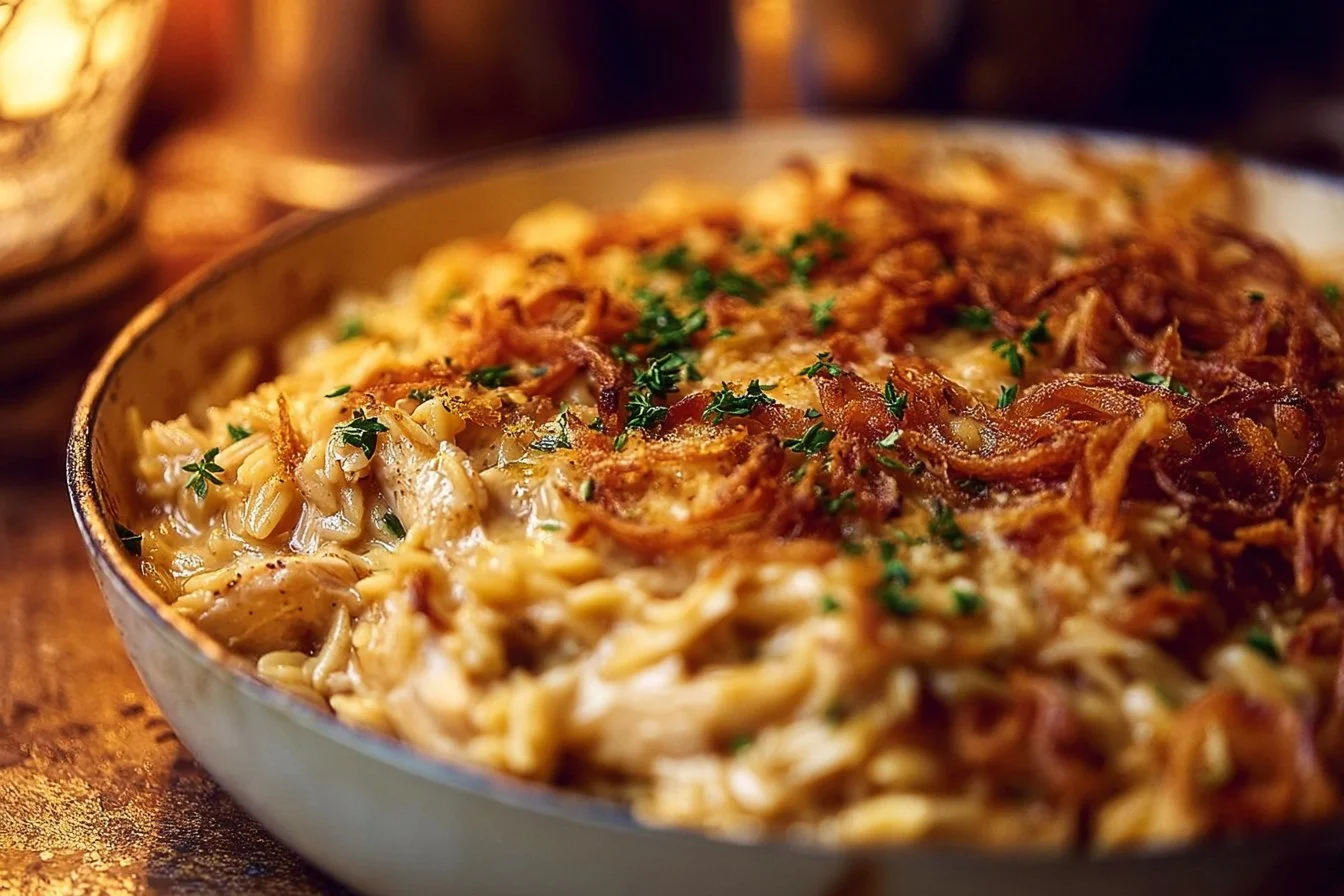 French Onion Chicken Orzo Casserole