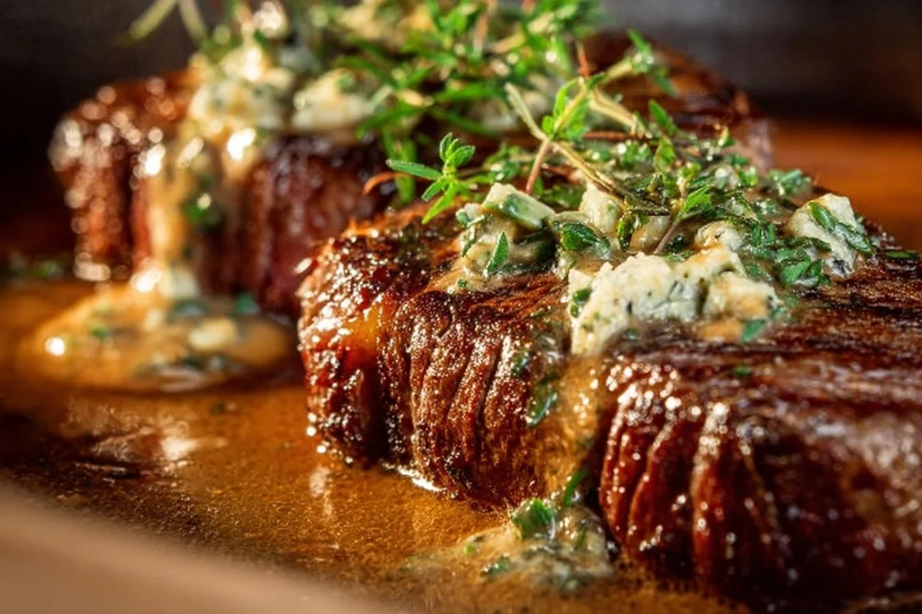 Garlic Butter Steak topped with creamy Parmesan sauce