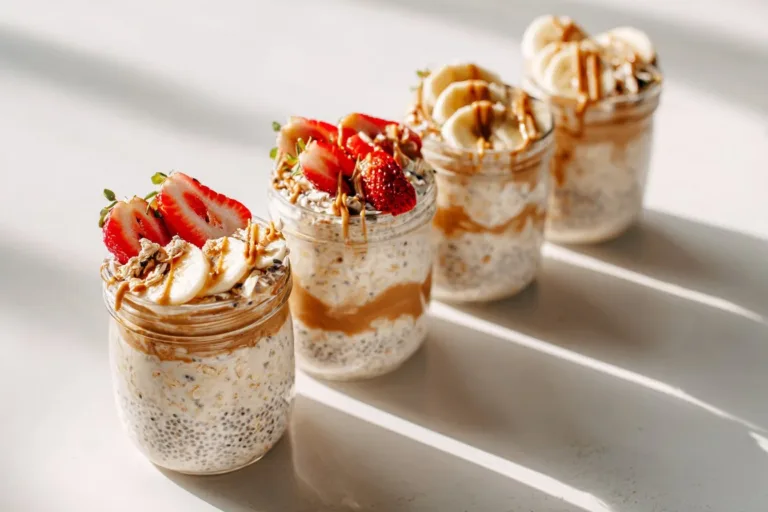 High-protein overnight oats with fruit and nuts in a glass bowl