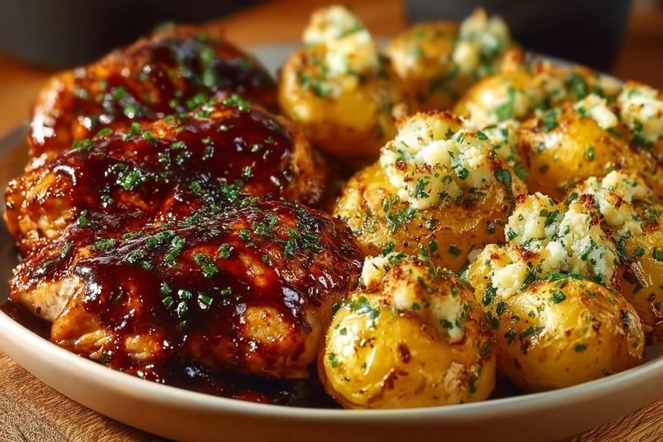 Honey BBQ Chicken served with Garlic Parmesan Potatoes in a delicious meal.
