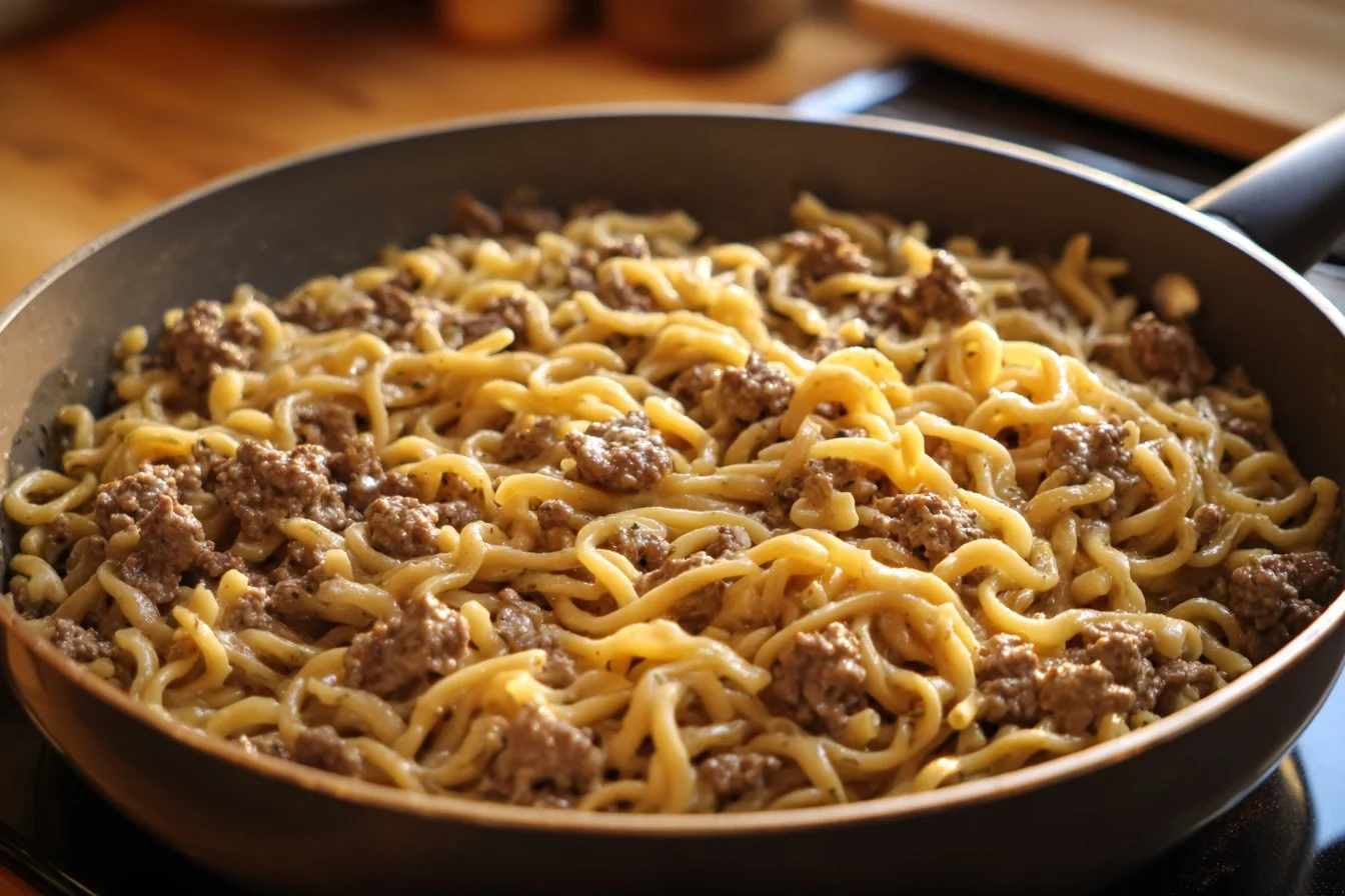 A bowl of creamy ground beef stroganoff with pasta and herbs.