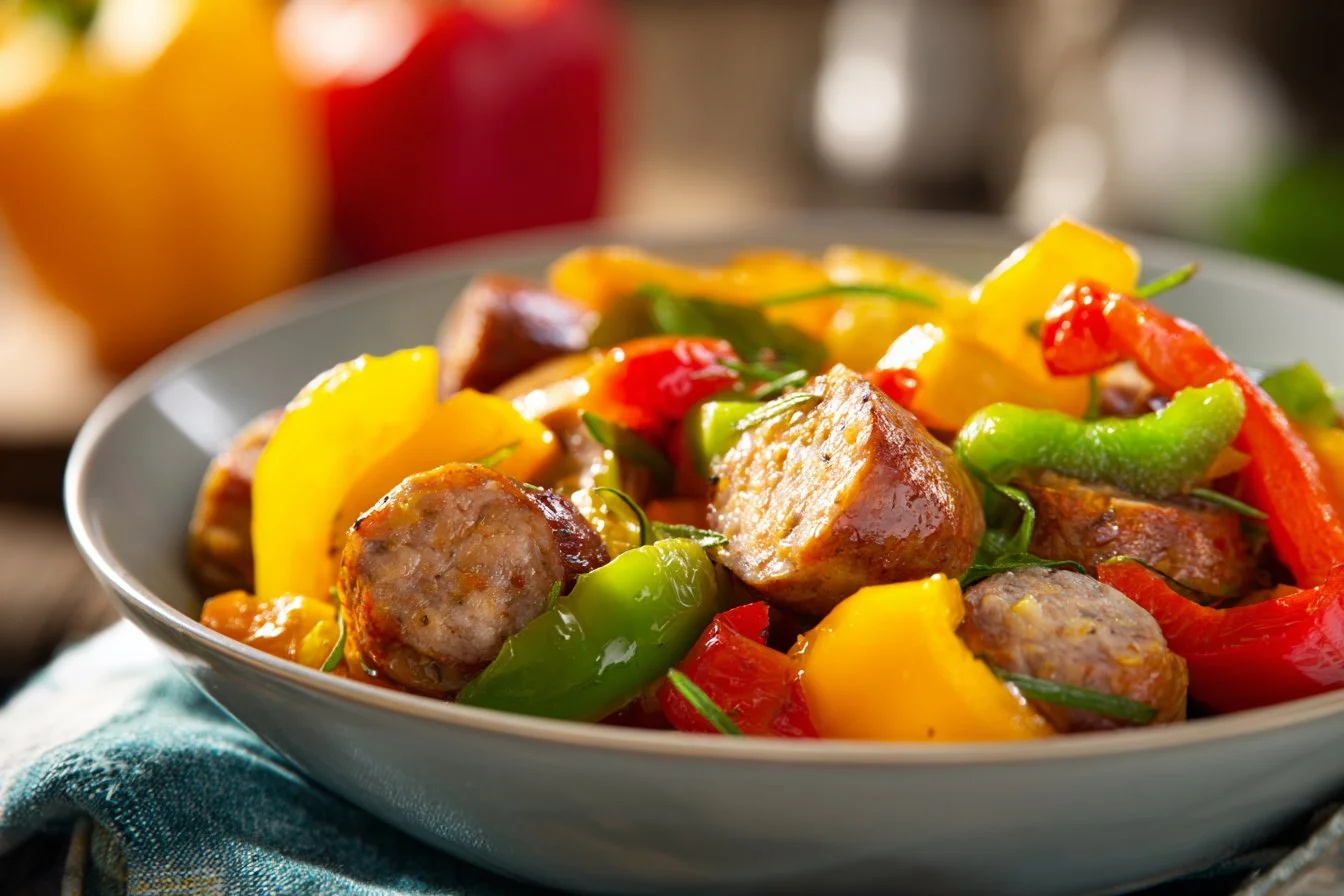 Air fryer sausage and peppers dish served in a bowl