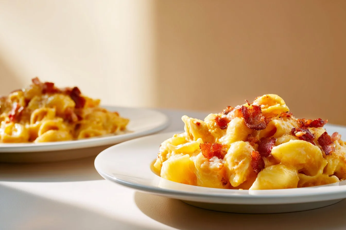 Delicious Bacon Mac and Cheese topped with crispy bacon.