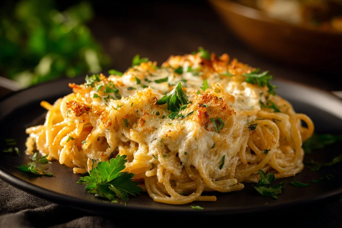Delicious baked Cream Cheese Spaghetti Casserole with creamy cheese topping.