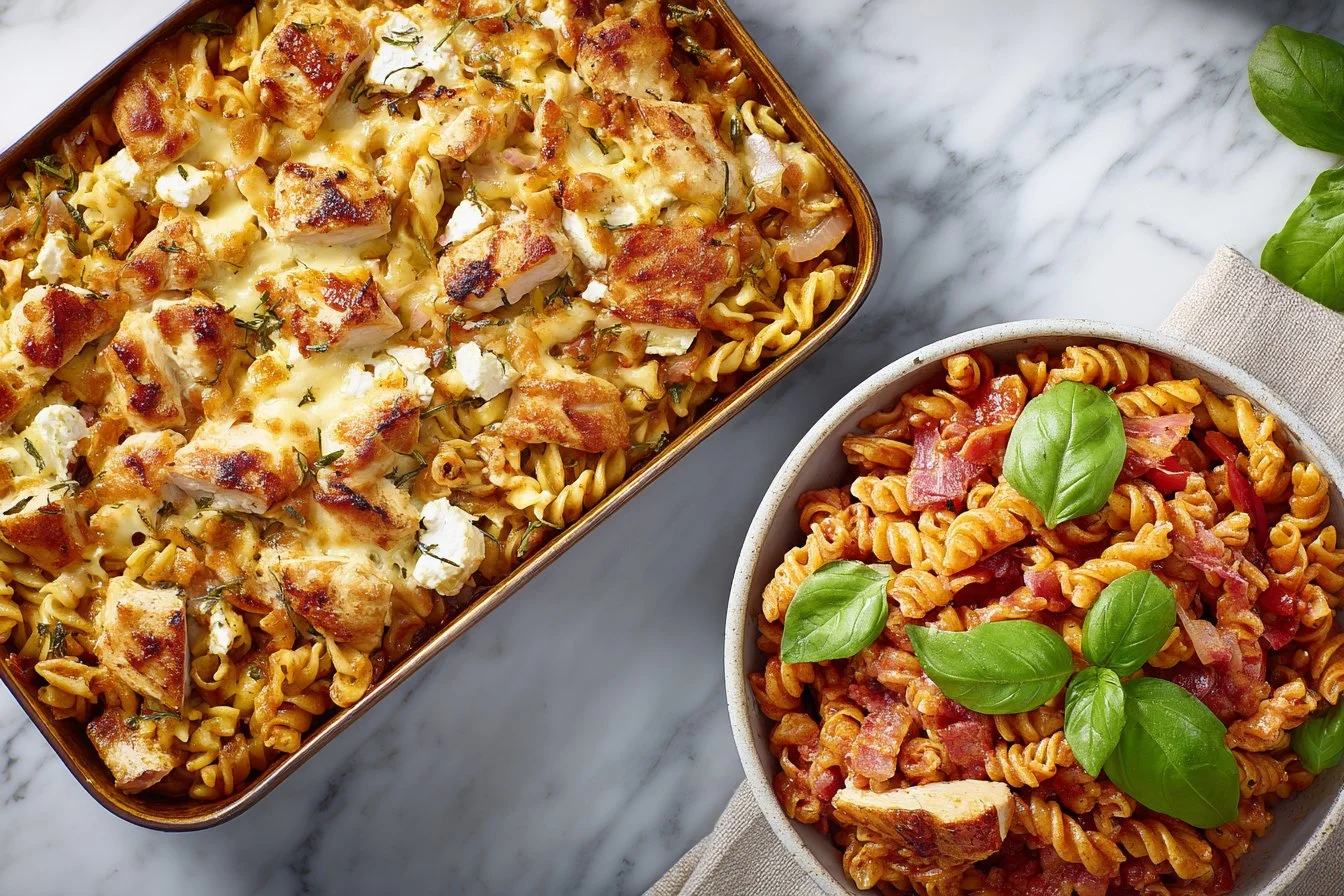 Plate of Baked Feta Chicken Pasta garnished with herbs and served in a bowl