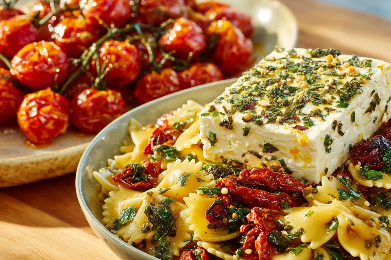 Delicious baked feta pasta with tomatoes and herbs, served hot
