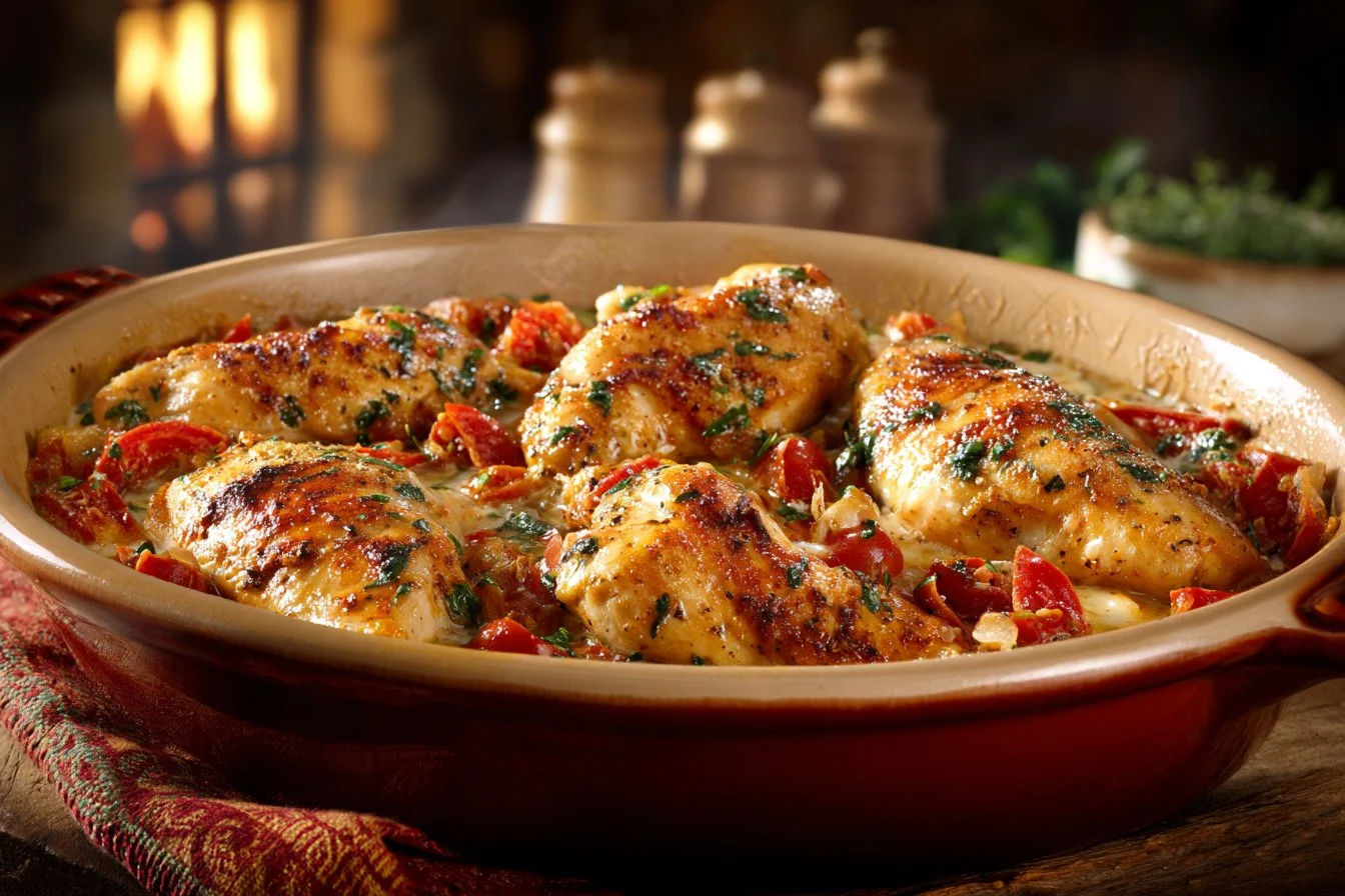 Baked Tuscan Chicken Breast with herbs and sun-dried tomatoes on a plate
