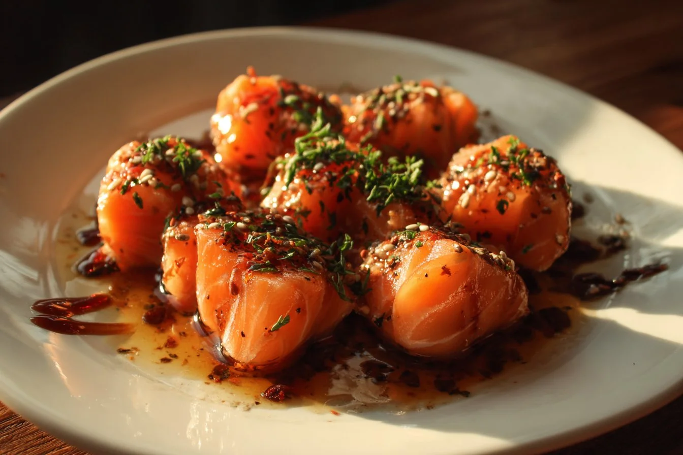 Plate of Bang Bang Salmon Bites garnished with spicy sauce and herbs
