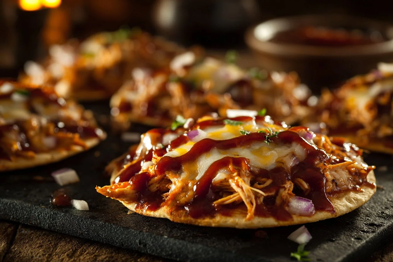 Plate of BBQ Chicken Tostadas topped with fresh ingredients and sauces