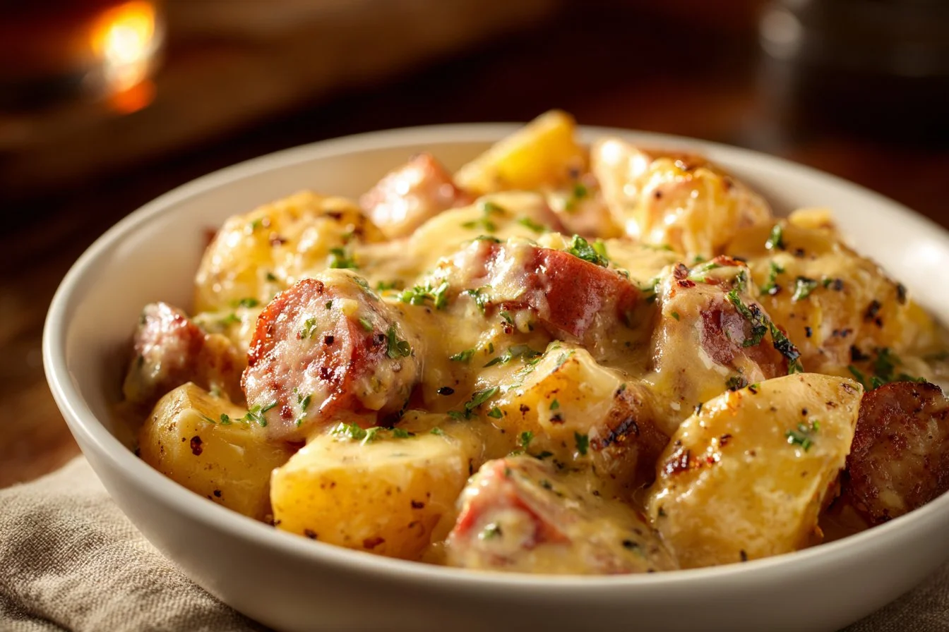 Delicious Cheesy Ranch Potatoes served with smoked sausage on a plate