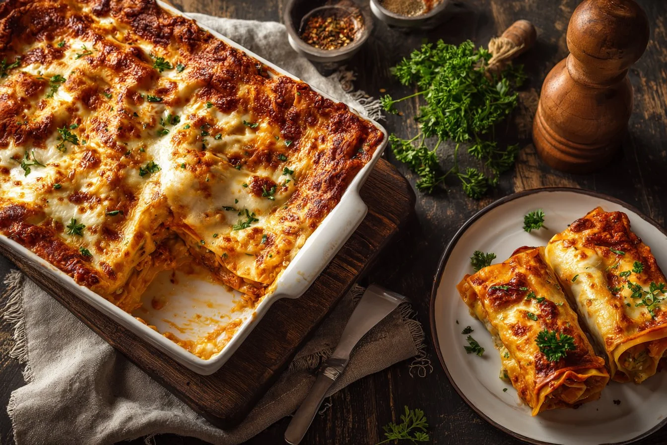 Chicken Alfredo Lasagna Roll Ups with creamy sauce and chicken filling