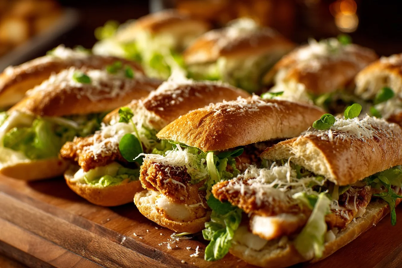 Delicious Chicken Caesar sandwich with lettuce and dressing on a wooden table