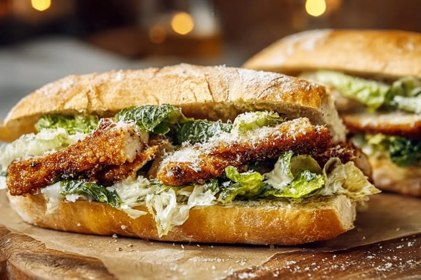 Chicken Caesar Sandwiches feature well-seasoned, crispy chicken, Caesar salad, and Parmesan cheese layered on soft bread.