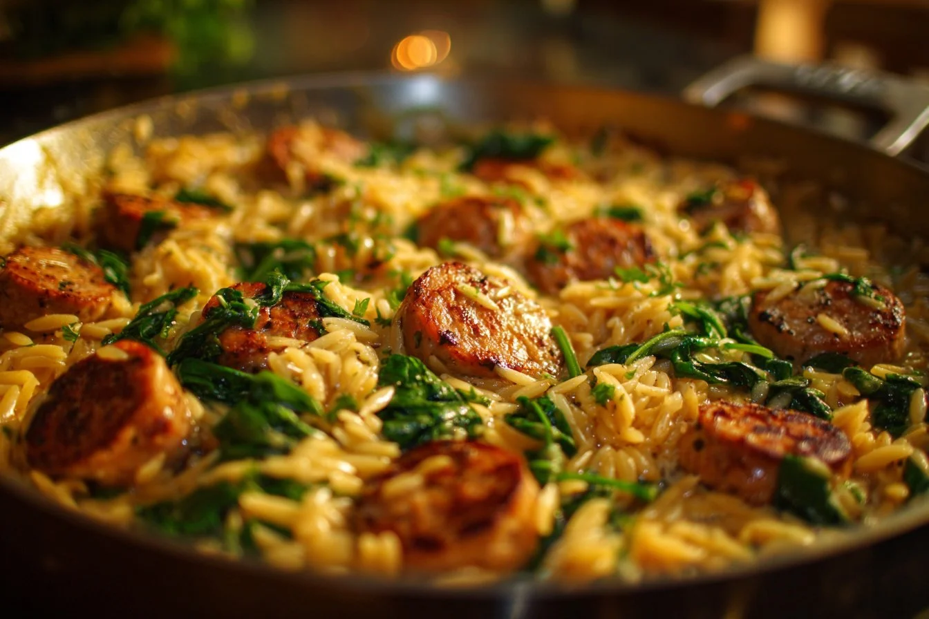 Delicious Chicken Sausage Orzo in a bowl with fresh herbs