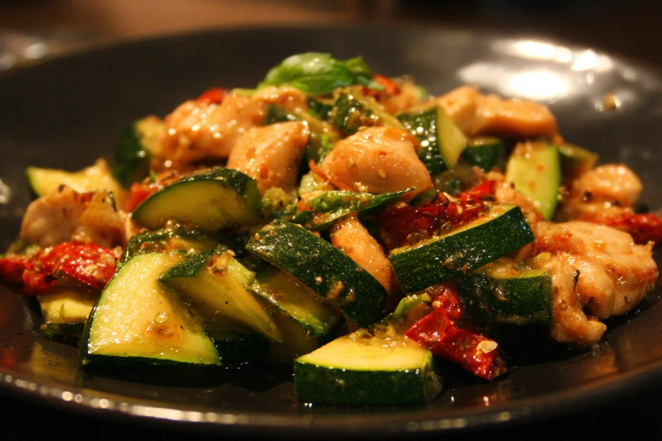 Delicious Chicken Zucchini Stir Fry with colorful vegetables in a skillet