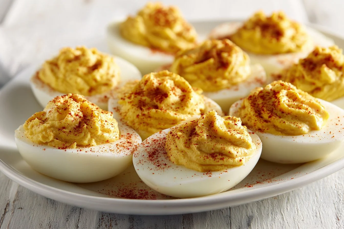 Plate of classic deviled eggs garnished with paprika and herbs