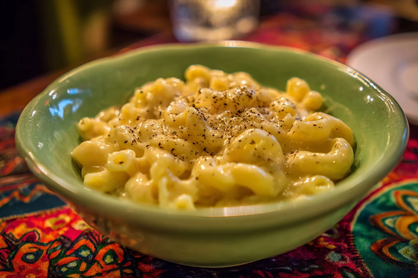 Creamy white cheddar mac and cheese served in a bowl inspired by Panera's recipe.