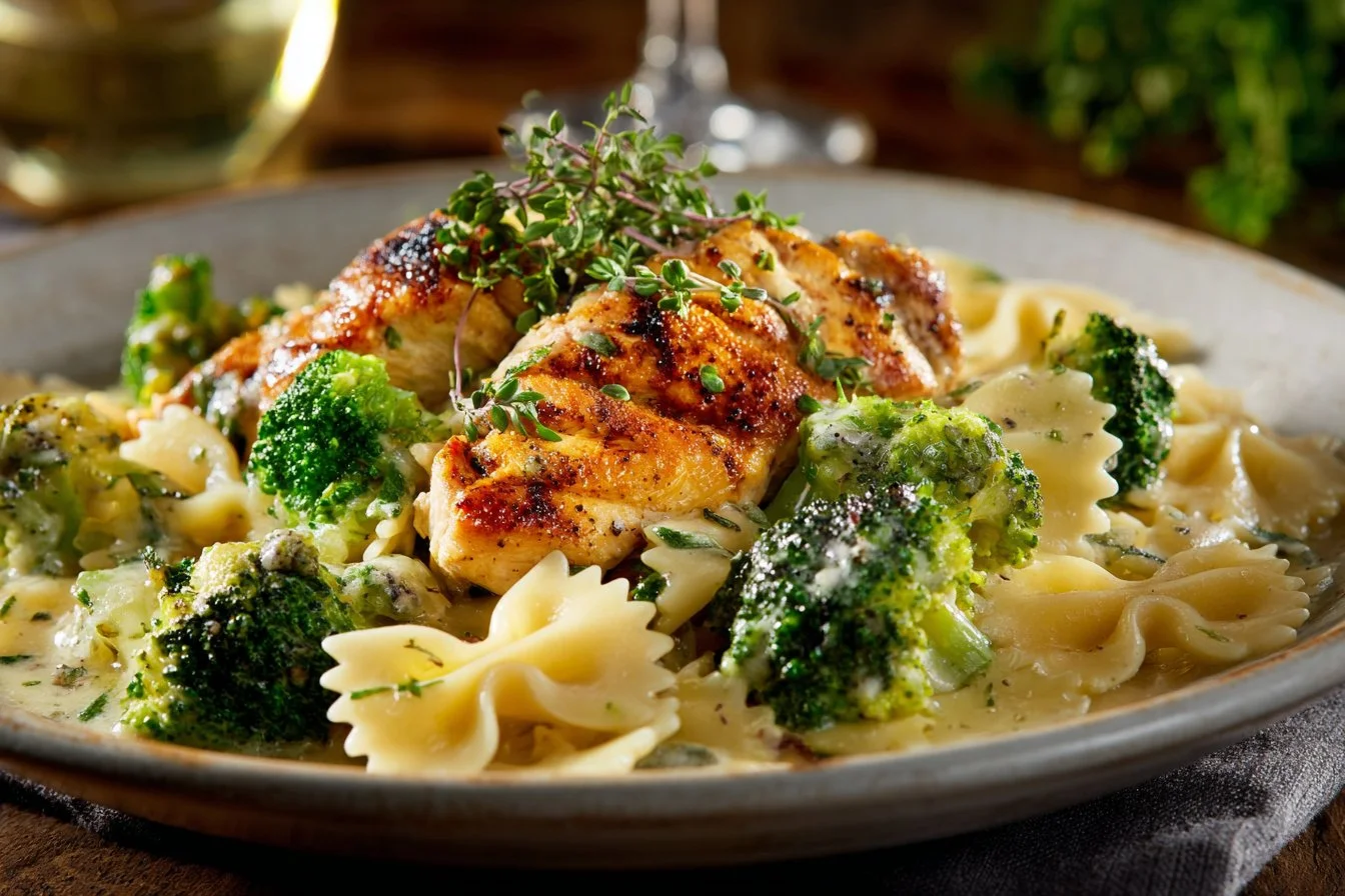 Cowboy Butter Lemon Bowtie Chicken served with broccoli in a delicious dish