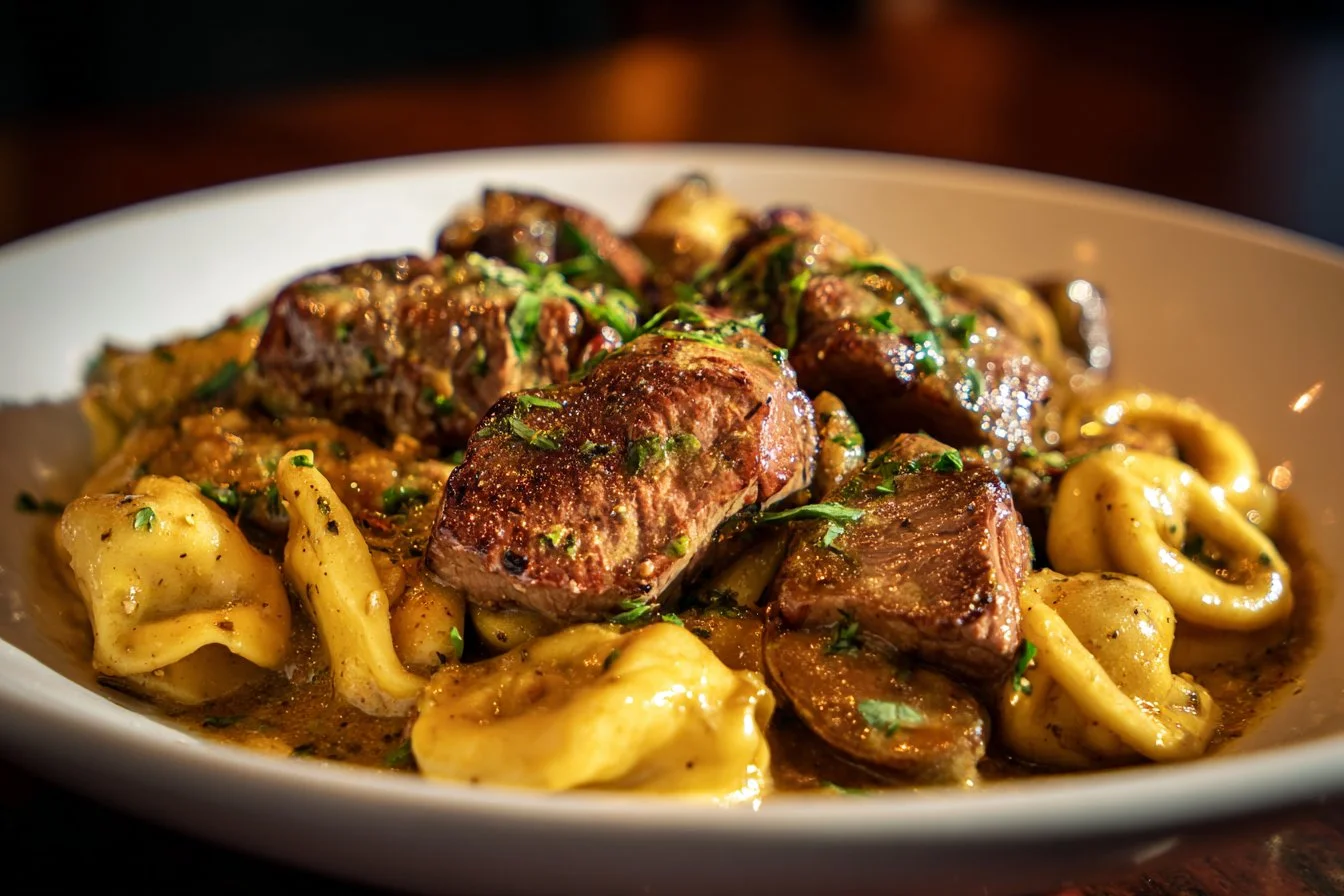 Cracked Garlic Steak Tortellini in creamy sauce served in a bowl