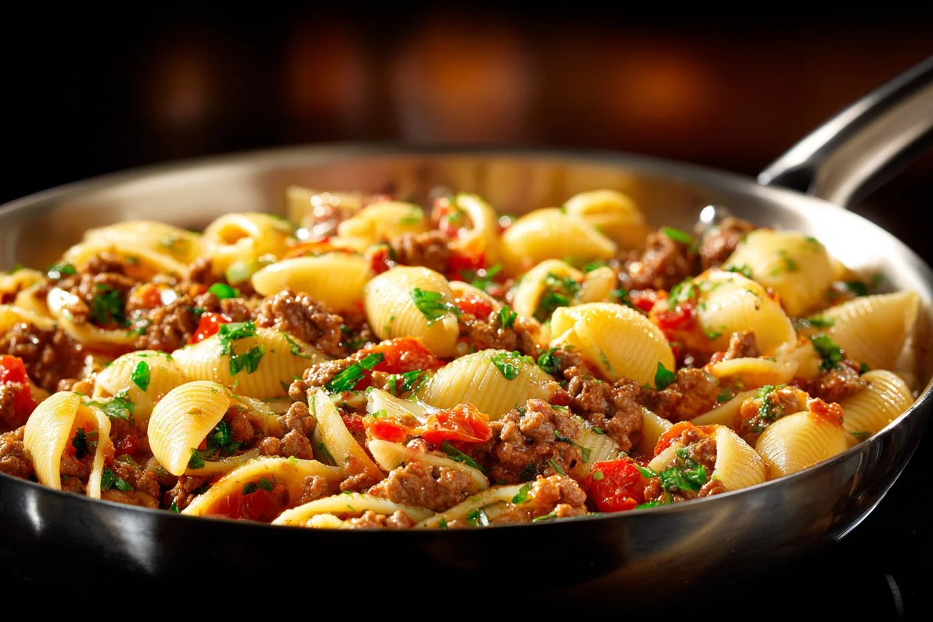 Creamy beef and shells recipe served in a bowl with fresh herbs.