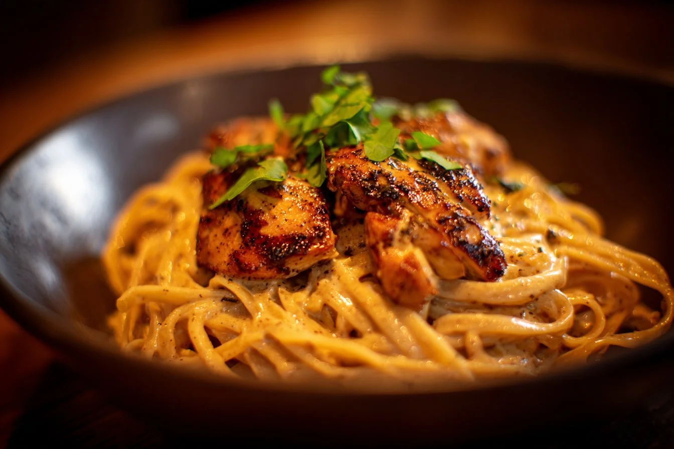 Creamy Cajun chicken pasta dish garnished with herbs and served on a plate
