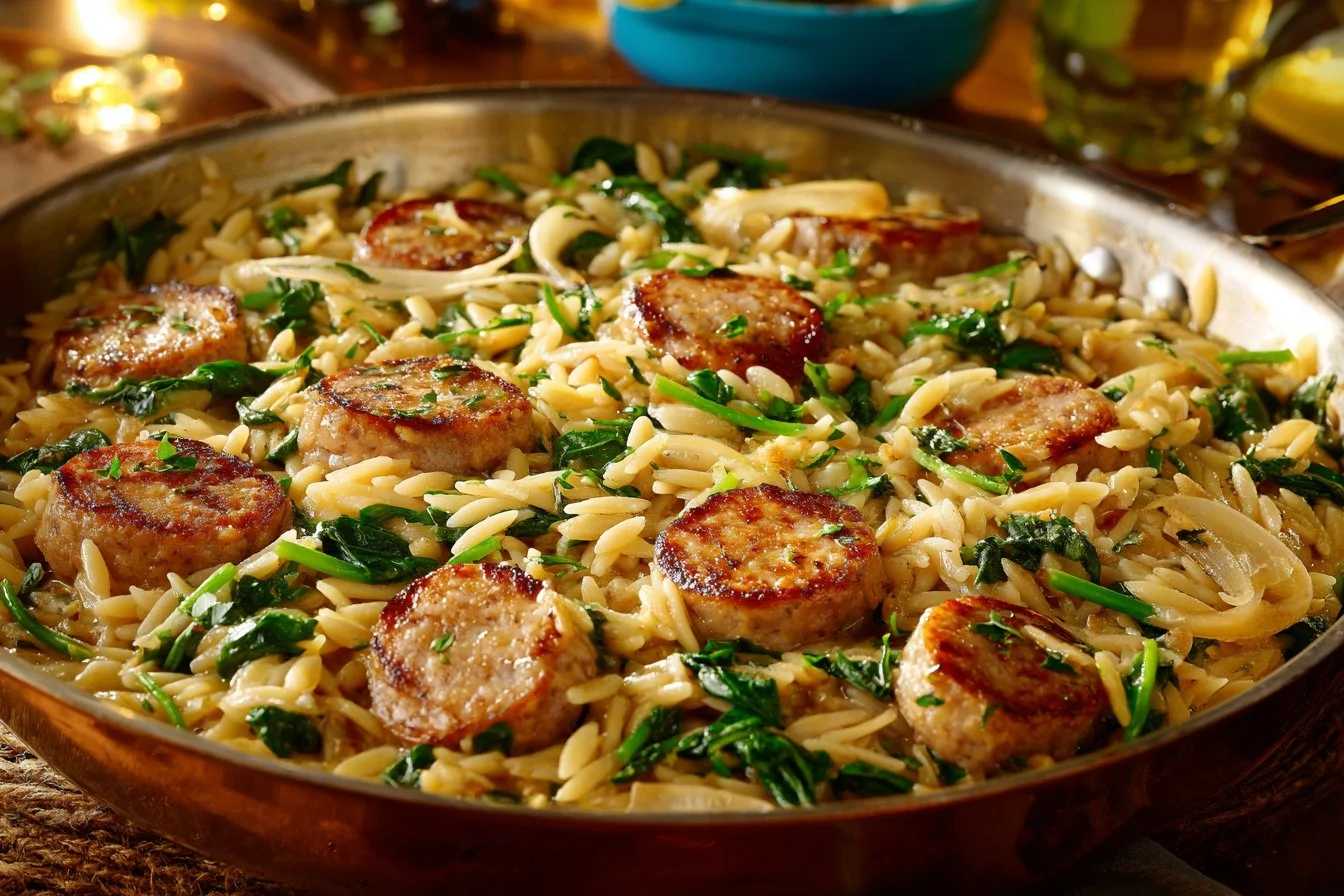 Creamy chicken sausage orzo dish in a one-pan meal