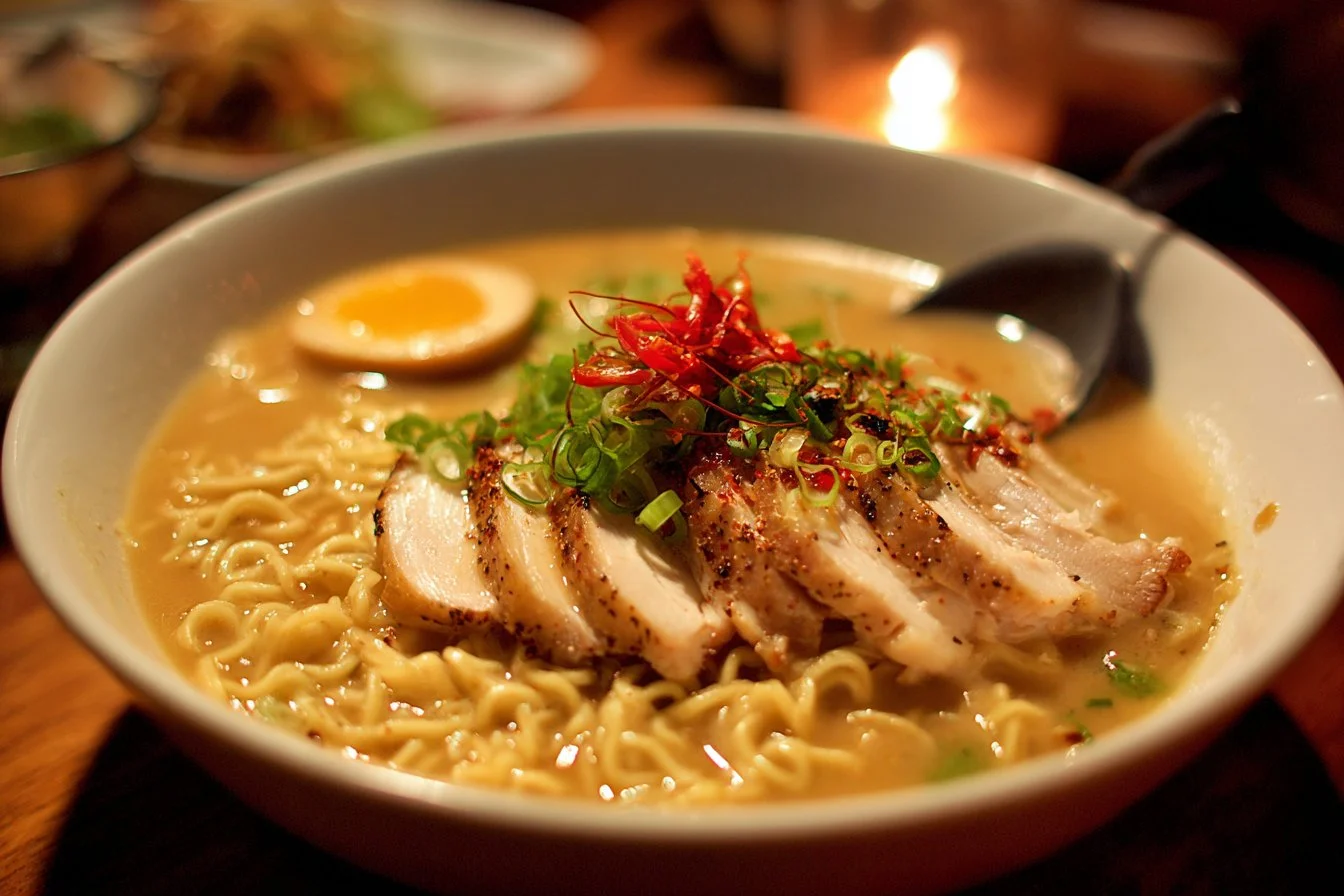 Creamy garlic chicken ramen in a bowl with fresh toppings