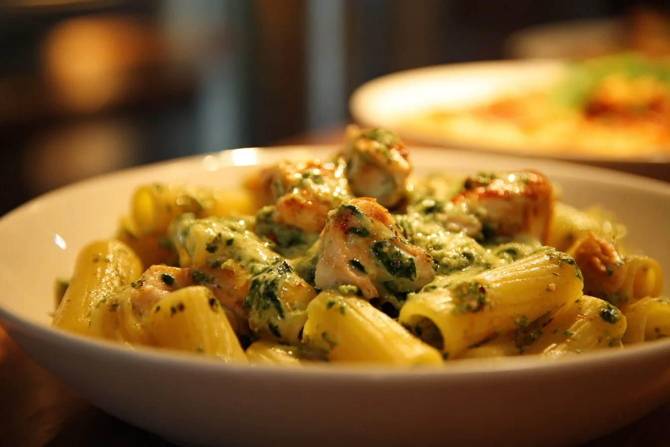 Bowl of creamy pesto chicken pasta garnished with basil and parmesan cheese