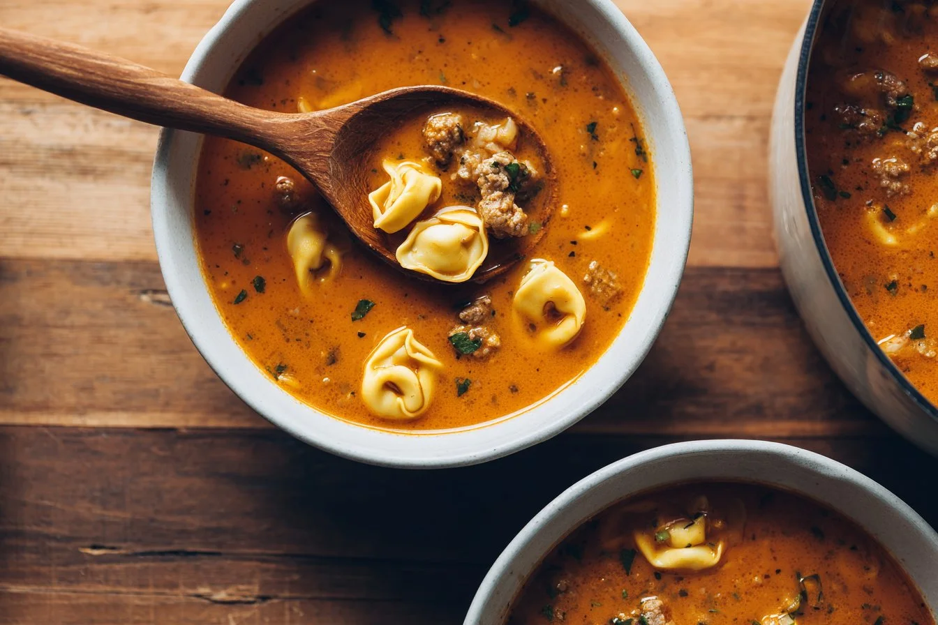 Creamy tortellini soup with sausage served in a bowl, garnished with fresh parsley.