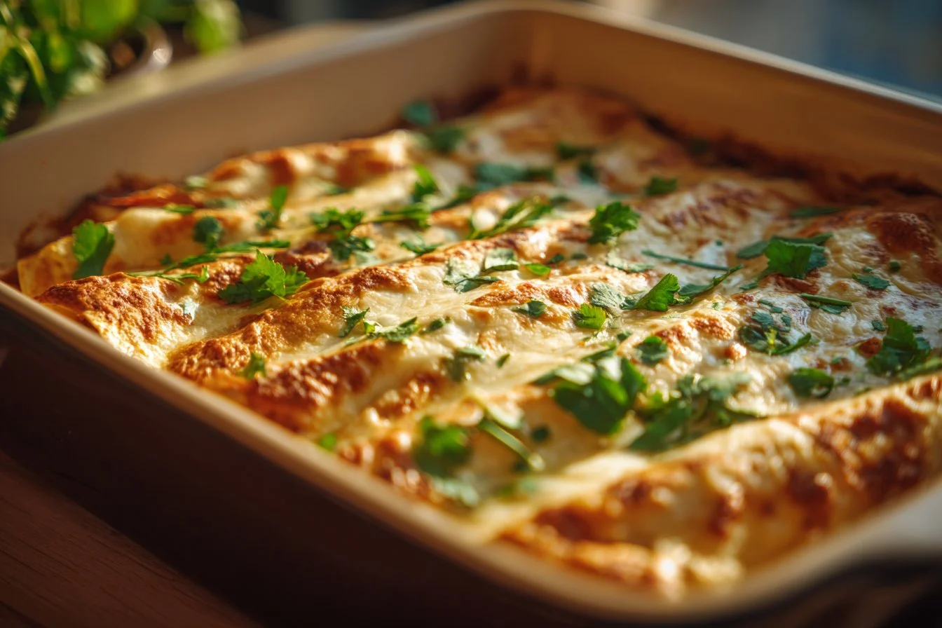 Creamy white chicken enchiladas topped with cheese and sauce