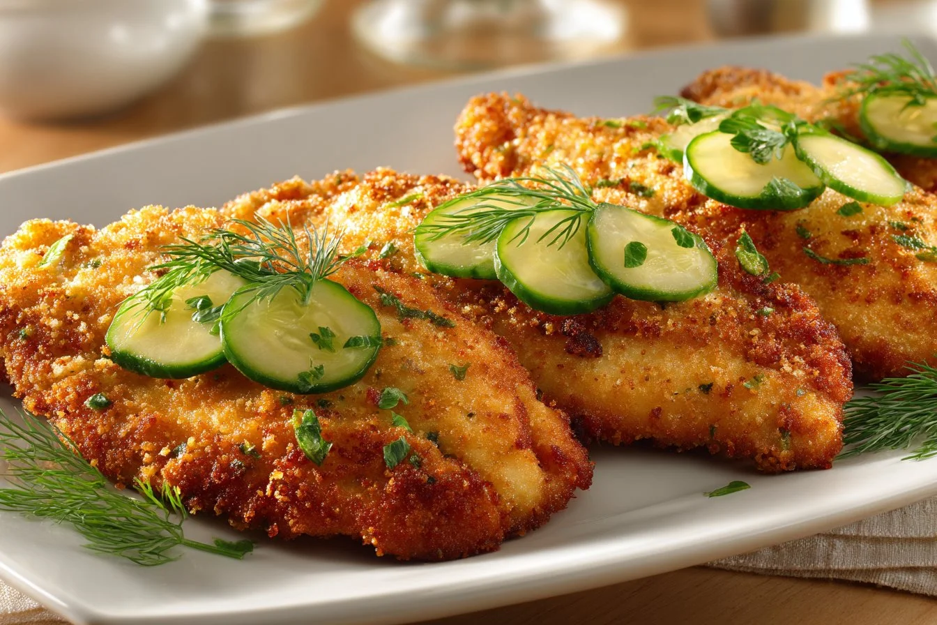 Plate of crispy dill pickle parmesan chicken garnished with herbs