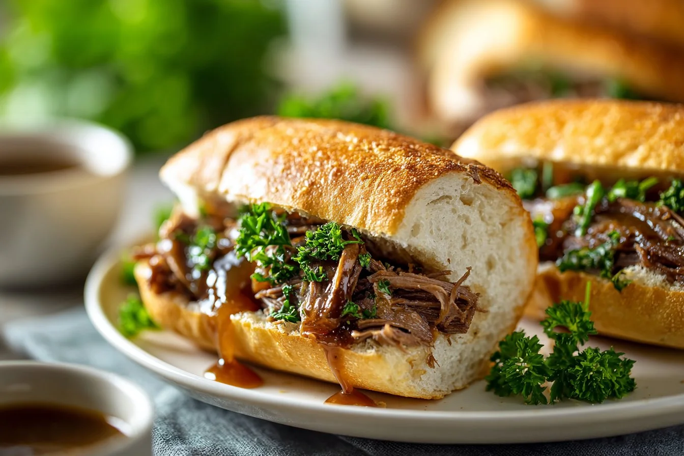 Delicious Crockpot French Dip Sandwiches with tender beef and melted cheese