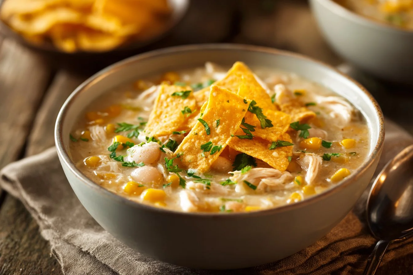 Crockpot white chicken chili topped with cream cheese and fresh herbs