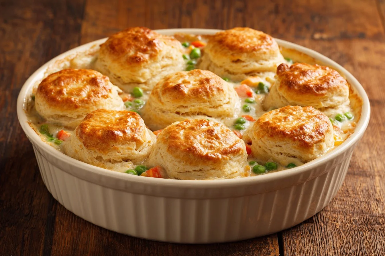 Easy homemade chicken pot pie casserole served in a dish for a hearty meal.