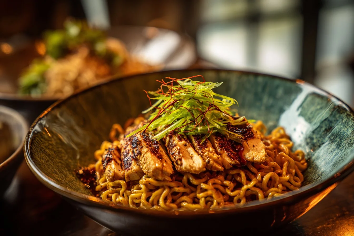 Bowl of fiery chicken ramen topped with creamy garlic sauce and fresh herbs.