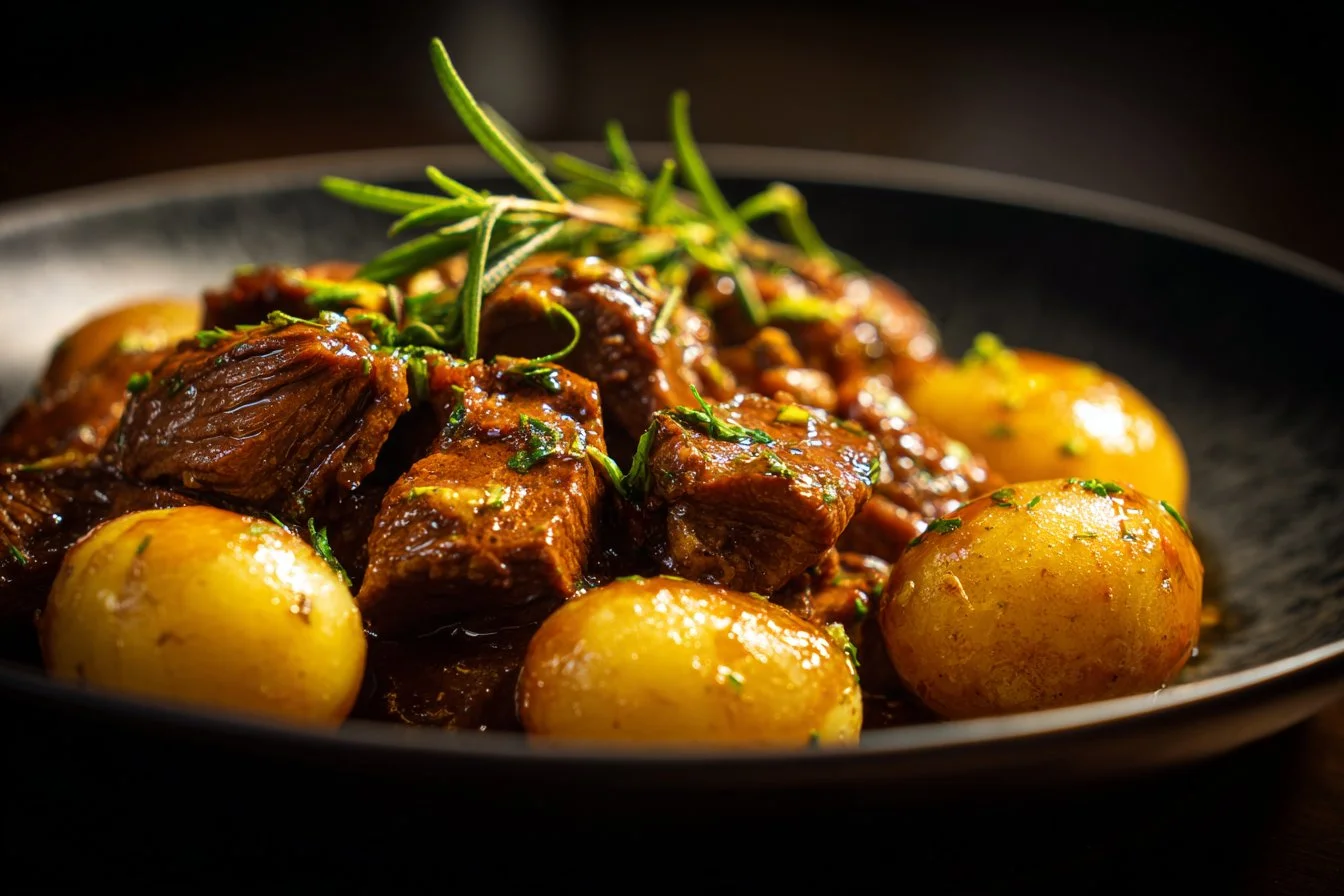 Garlic Butter Beef Bites with crispy potatoes on a plate