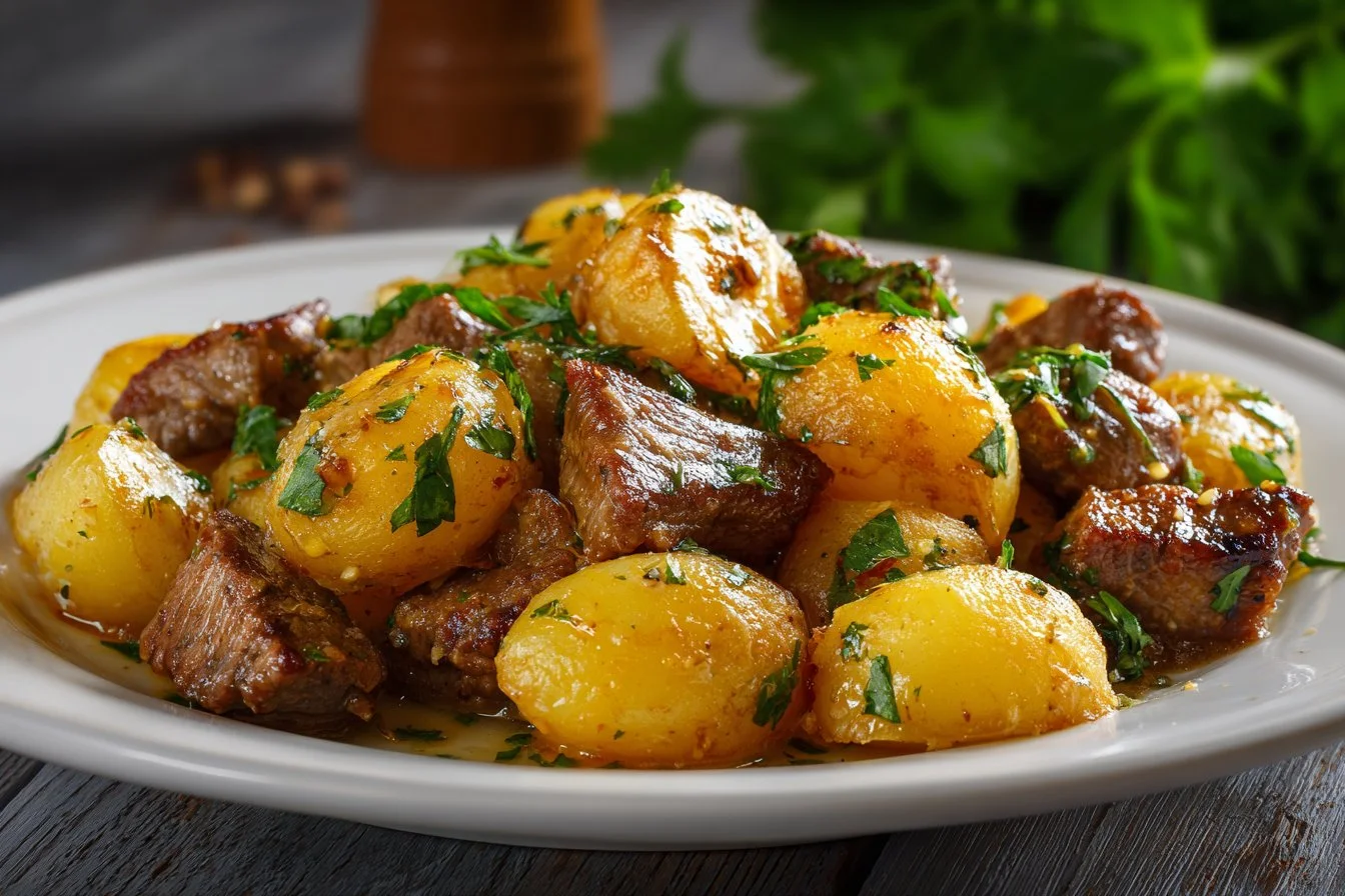 Garlic butter beef bites served with crispy potatoes on a plate