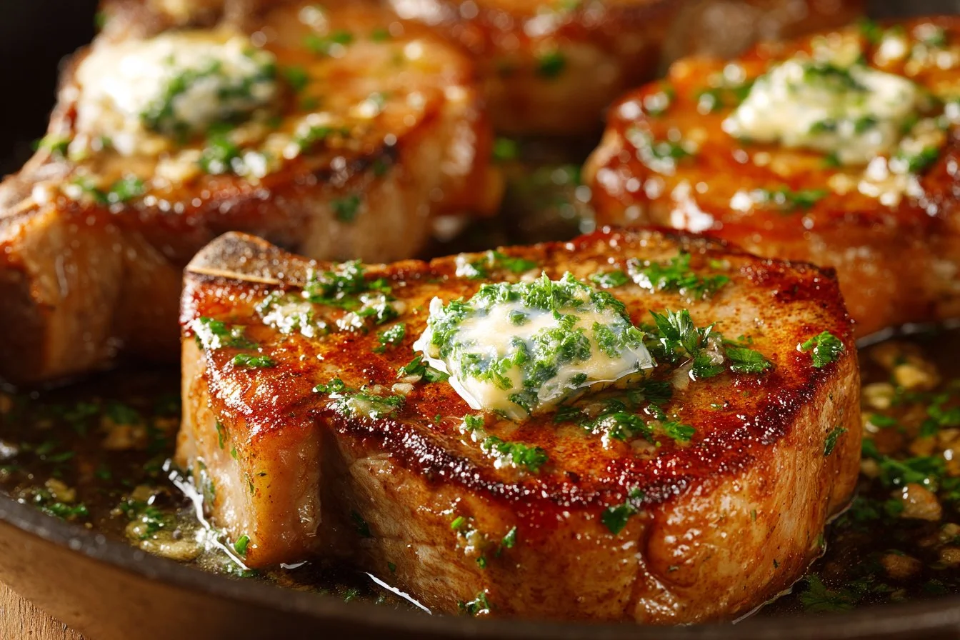 Delicious garlic butter pan-seared pork chops served on a plate