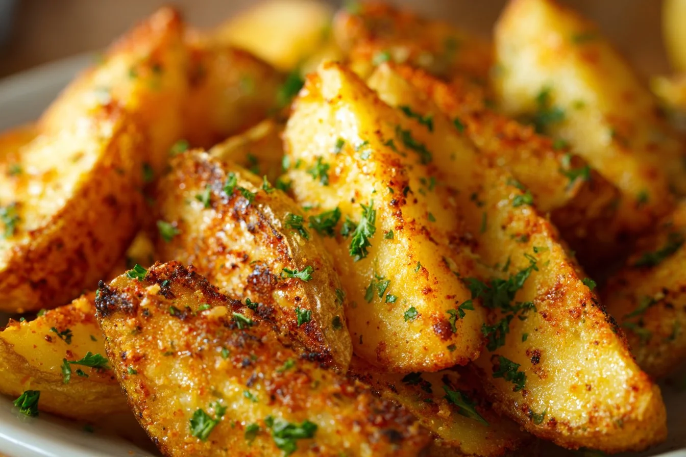Baked Garlic Parmesan Potato Wedges served on a plate