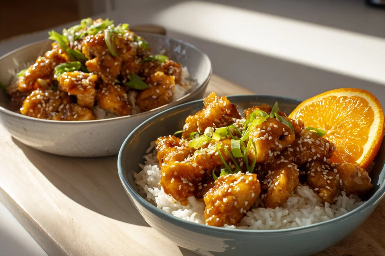 Healthy orange chicken dish with fresh vegetables and vibrant sauce