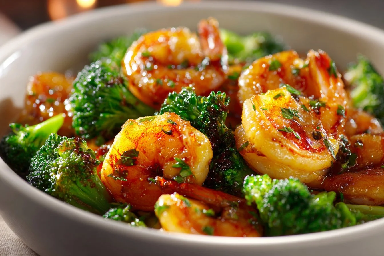 High-protein honey garlic shrimp served with vegetables on a plate.