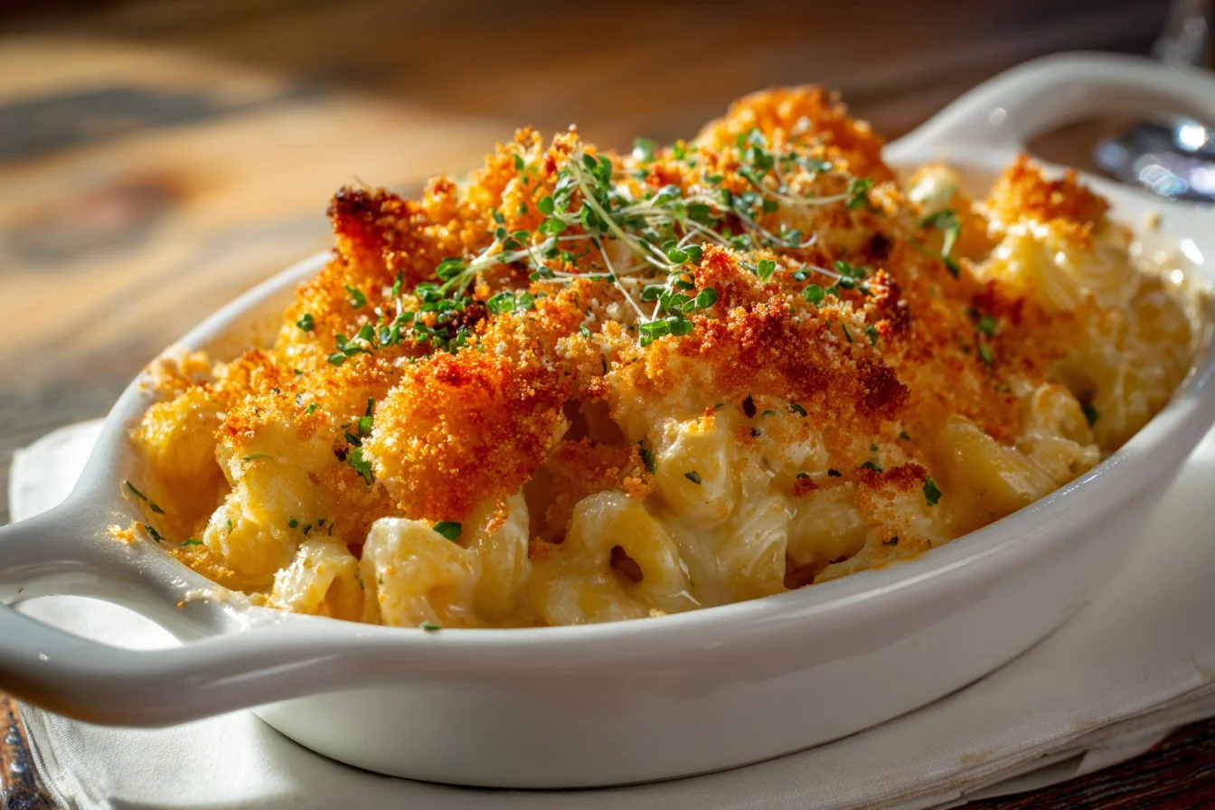 Delicious homemade baked mac and cheese topped with golden breadcrumbs