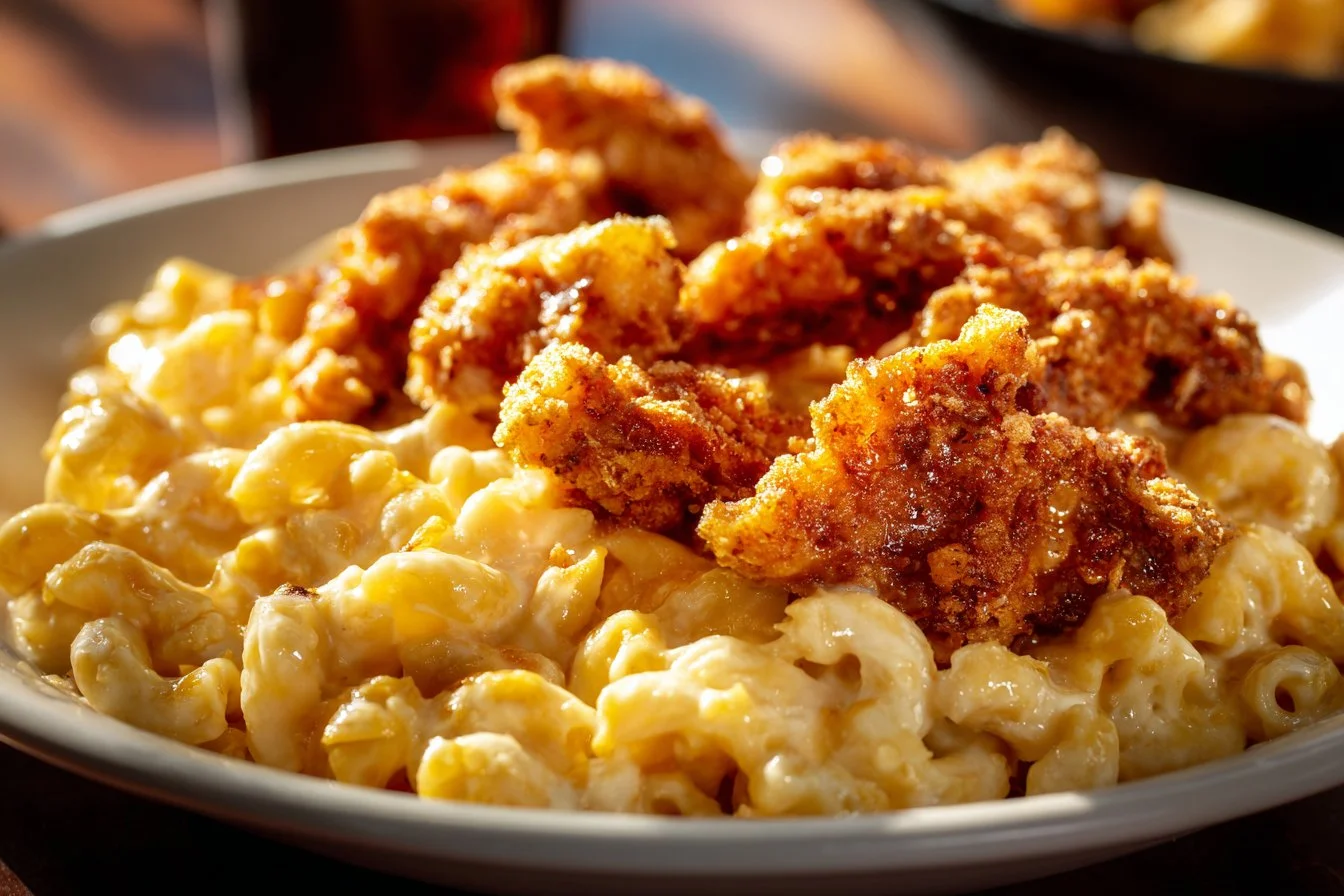 Creamy Honey Pepper Chicken Mac and Cheese topped with herbs and spices