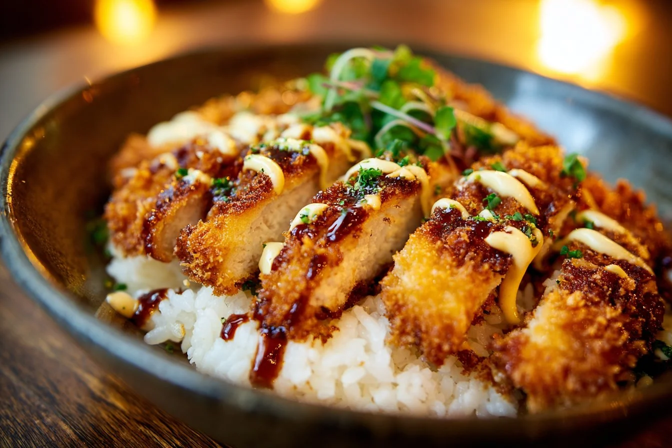 Japanese Katsu Bowl with Tonkatsu Sauce garnished with vegetables