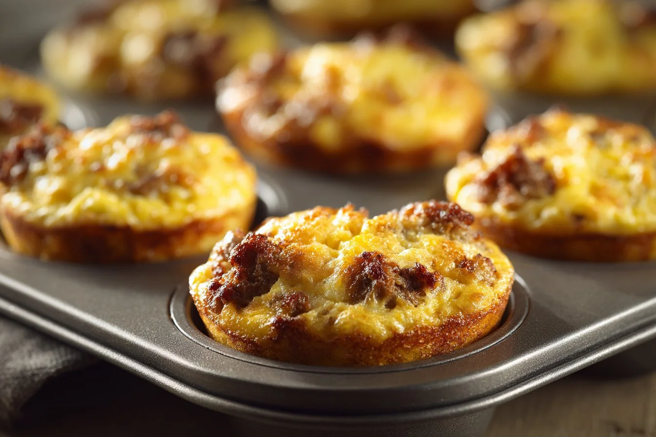 Keto Sausage Egg and Cheese Muffins fresh out of the oven.