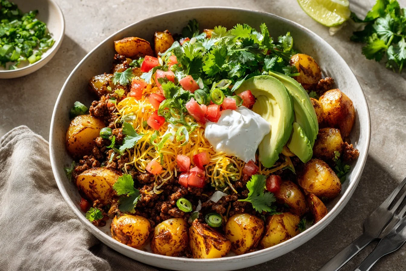 Loaded Potato Taco Bowl with crispy potatoes and fresh toppings